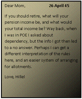 ???? ????: Dear Mom,		26 April 45
If you should retire, what will your pension income be, and what would your total income be? Way back, when I was in POE I asked about dependency, but the info I got then led to a no answer. Perhaps I can get a different interpretation of the rules here, and an easier system of arranging for allotments.
Love, Hillel

